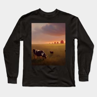 Mother and Baby Cow on Farmstead at Sunset Long Sleeve T-Shirt